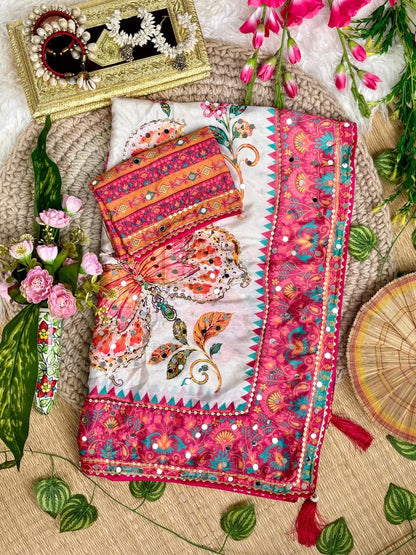 Soft Chinnon saree with hand ari work