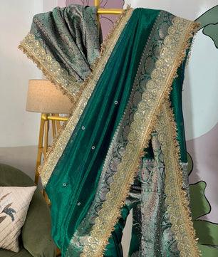 Designer Banarasi Tissue Saree with Pearl Work on All Over Body with Intricate Border and Pallu Design Along with Gotta Patti Lace Work