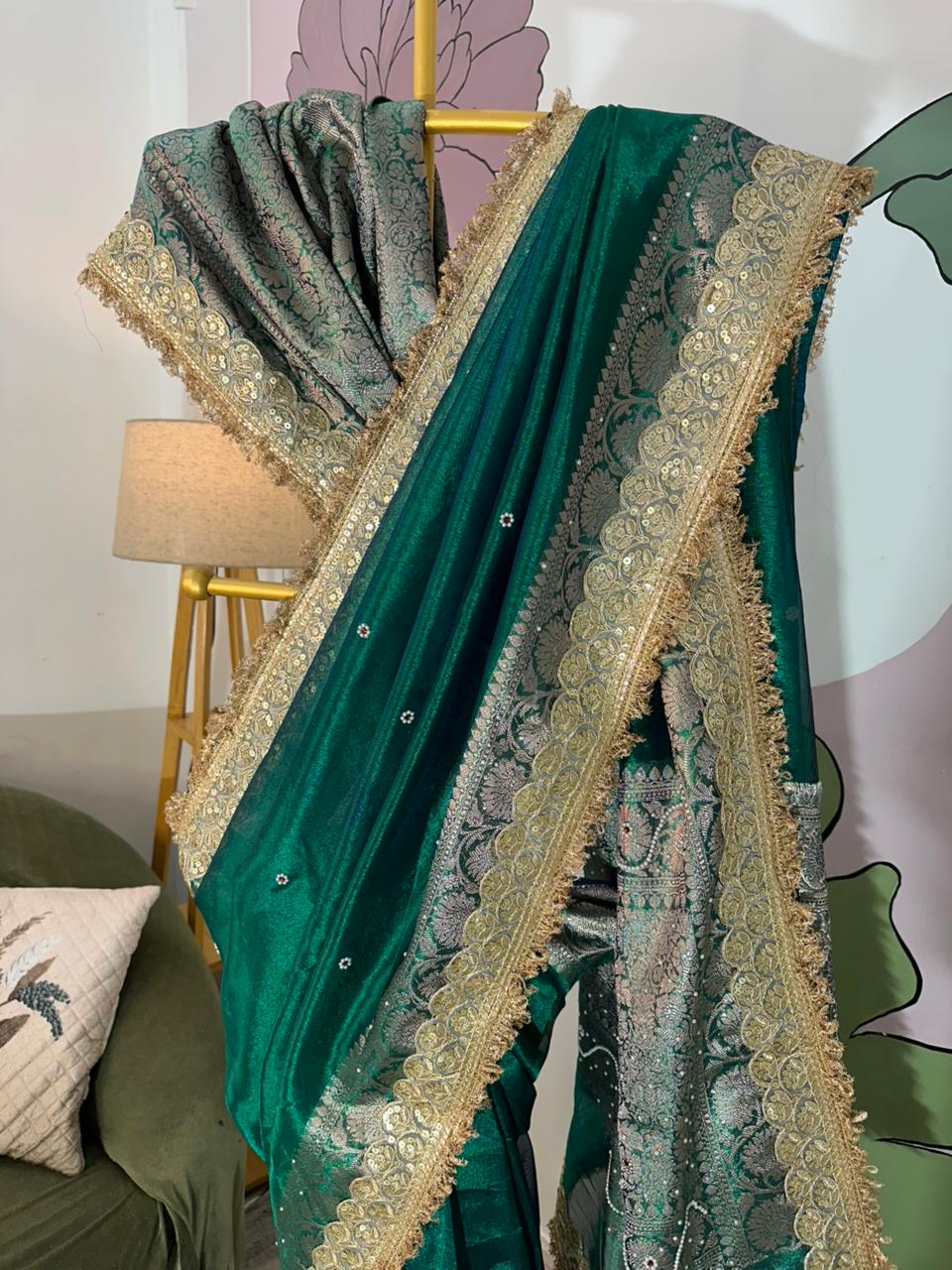 Designer Banarasi Tissue Saree with Pearl Work on All Over Body with Intricate Border and Pallu Design Along with Gotta Patti Lace Work