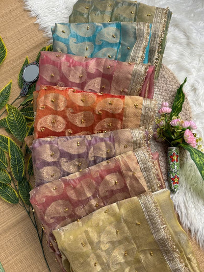 Pure Soft Banarasi Sartin Silk Weaving Saree With Gungroo in All over Saree With Fancy Lace Border
