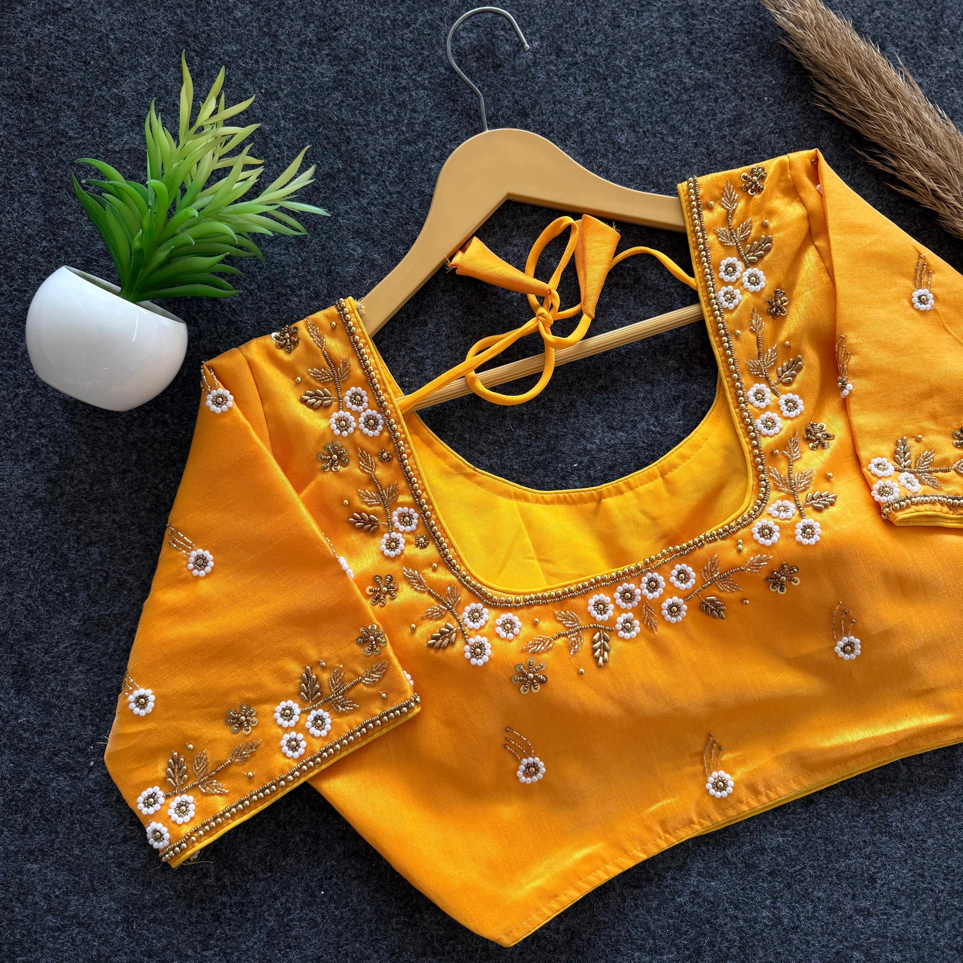 Beautiful handwork all over front nd sleves with designer handwork in blouse