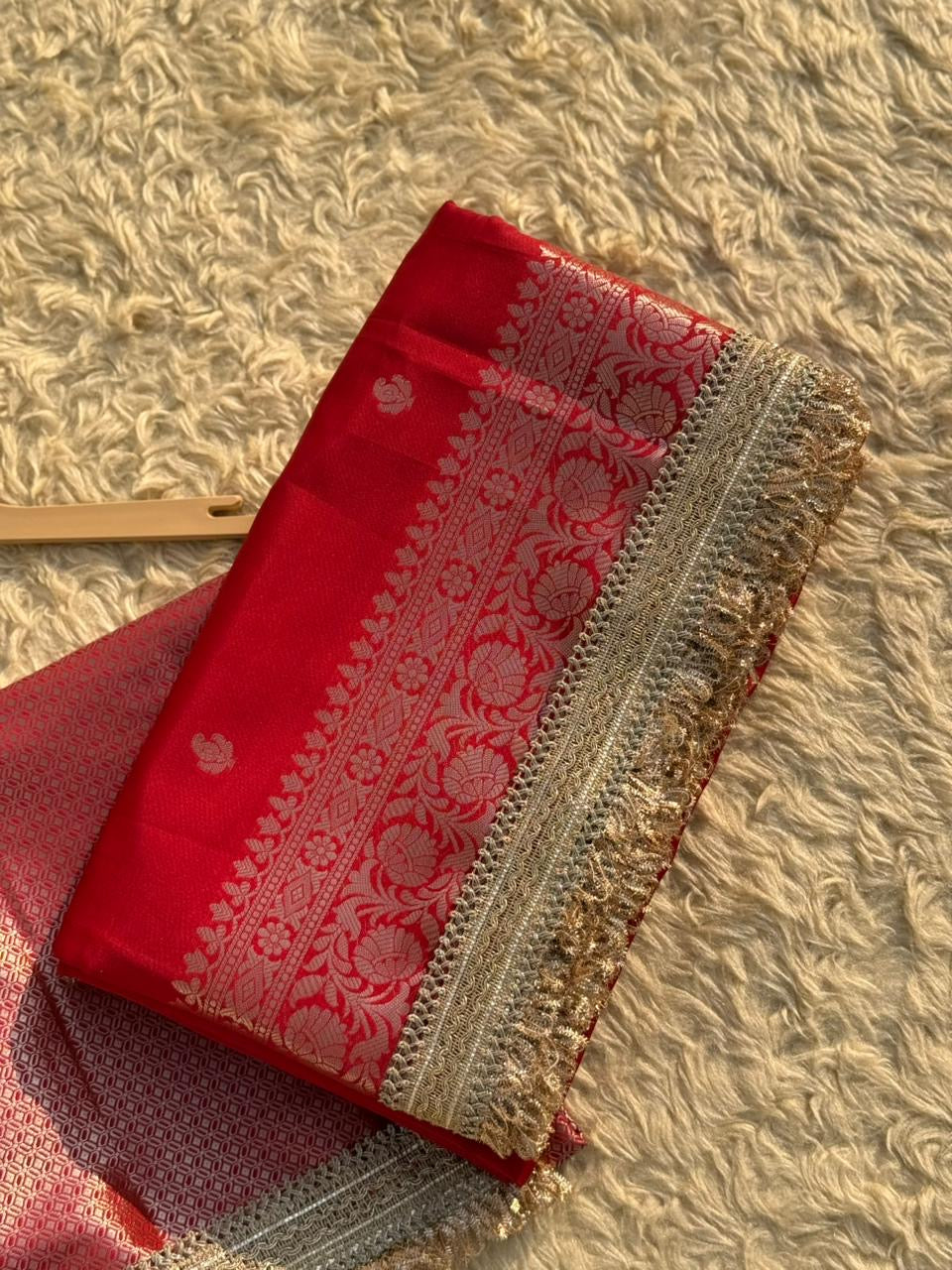 Soft Silk Saree In Red with Lace Work