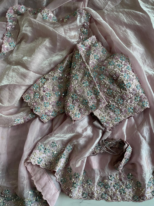 Premium Space silk saree with coding sequence & pearls work lace on either side of border