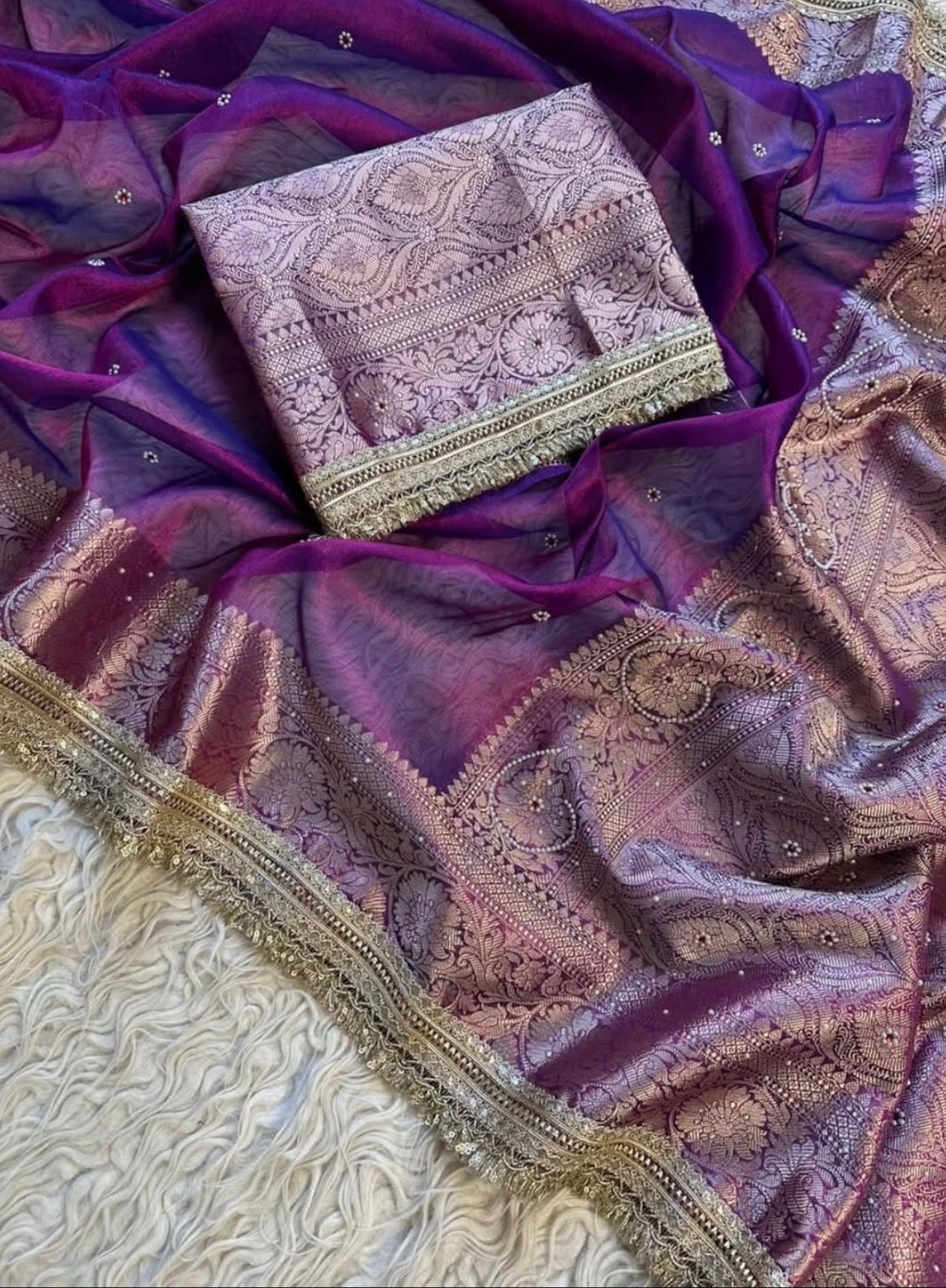 Bridal Tissue Saree with Designer Pearl and Mirror Lace Work Jhalar Lace on Pallu