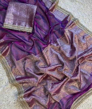 Bridal Tissue Saree with Designer Pearl and Mirror Lace Work Jhalar Lace on Pallu