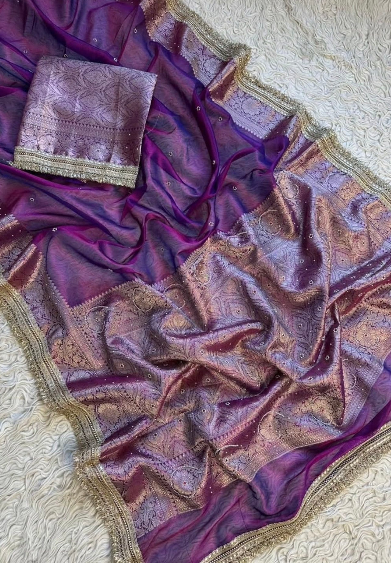 Bridal Tissue Saree with Designer Pearl and Mirror Lace Work Jhalar Lace on Pallu