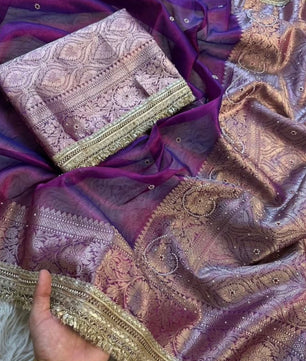 Bridal Tissue Saree with Designer Pearl and Mirror Lace Work Jhalar Lace on Pallu