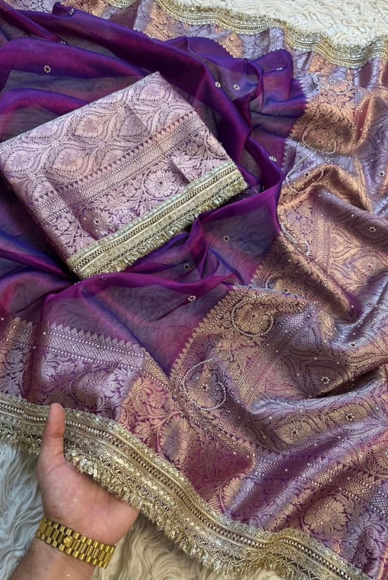 Bridal Tissue Saree with Designer Pearl and Mirror Lace Work Jhalar Lace on Pallu