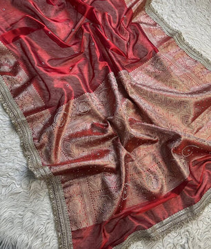 Bridal Tissue Saree with Designer Pearl and Mirror Lace Work Jhalar Lace on Pallu