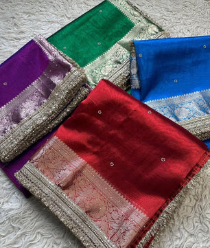 Bridal Tissue Saree with Designer Pearl and Mirror Lace Work Jhalar Lace on Pallu