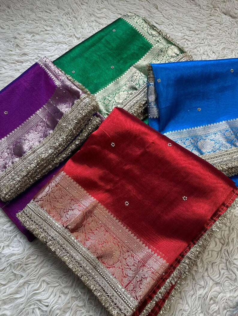 Bridal Tissue Saree with Designer Pearl and Mirror Lace Work Jhalar Lace on Pallu
