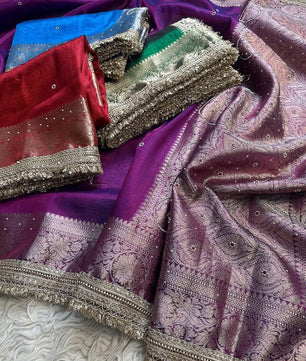Bridal Tissue Saree with Designer Pearl and Mirror Lace Work Jhalar Lace on Pallu