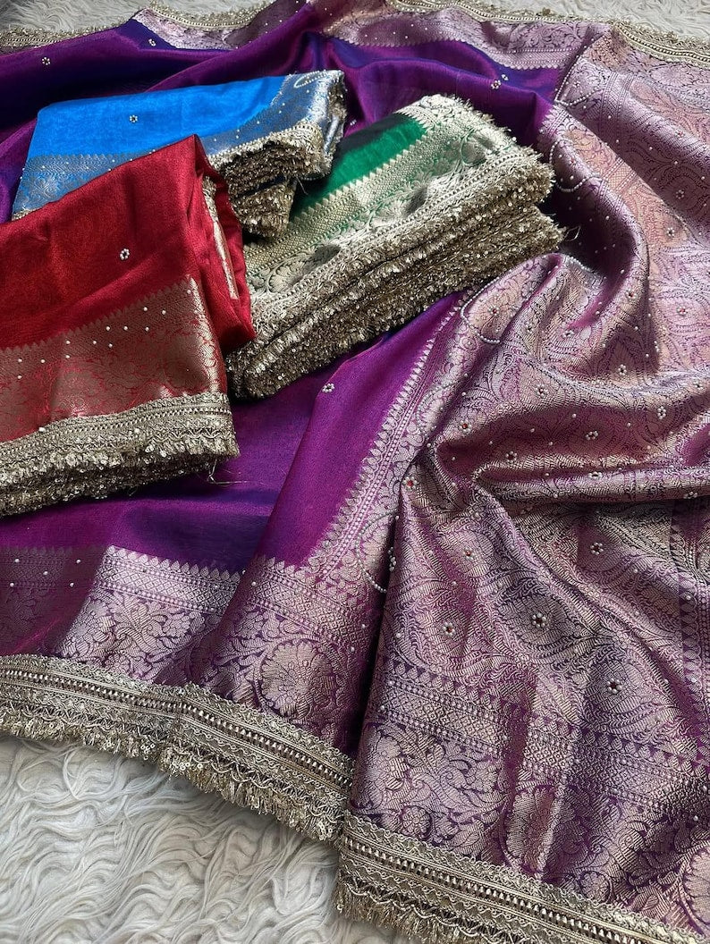 Bridal Tissue Saree with Designer Pearl and Mirror Lace Work Jhalar Lace on Pallu