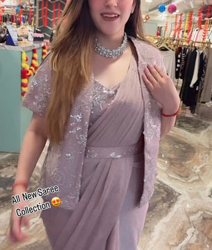 New Super Trending Embroidery Sequence work ready to wear saree with full koti*