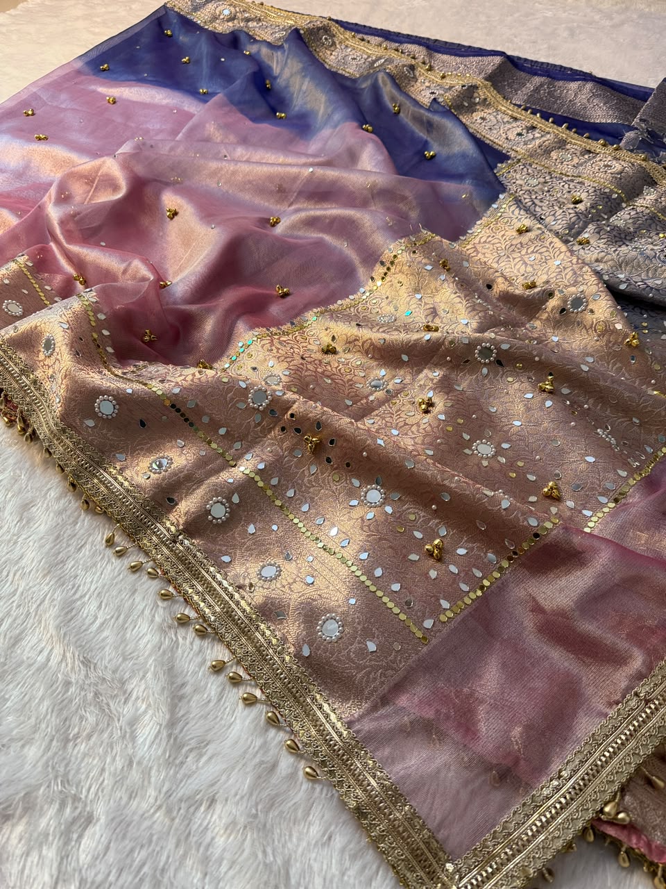 Banarasi Tissue Zari Weaving Border Saree x Ghungroo Handwork x Mirror &amp; Beads Handwork