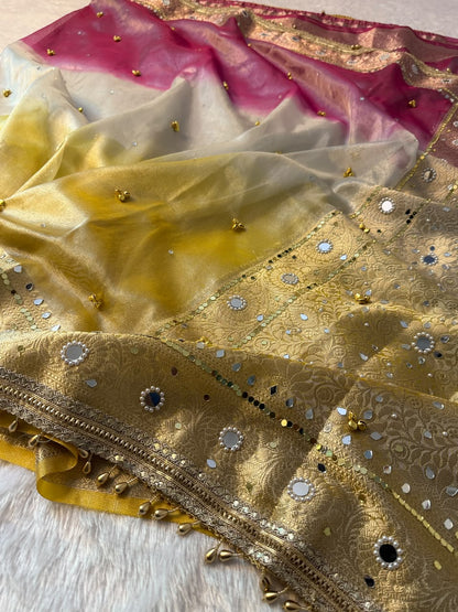 Banarasi Tissue Zari Weaving Border Saree x Ghungroo Handwork x Mirror &amp; Beads Handwork