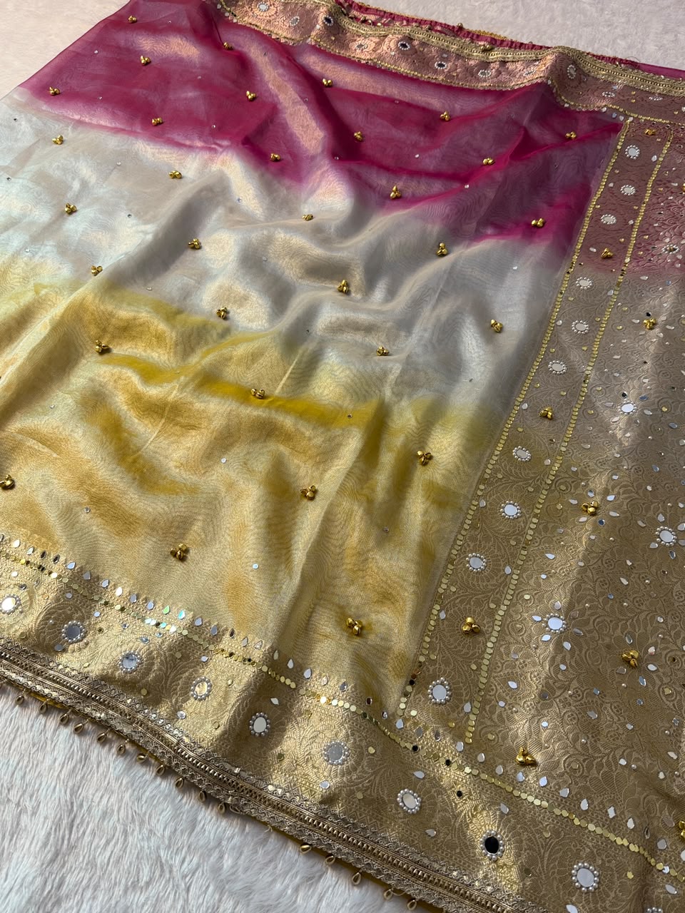 Banarasi Tissue Zari Weaving Border Saree x Ghungroo Handwork x Mirror &amp; Beads Handwork