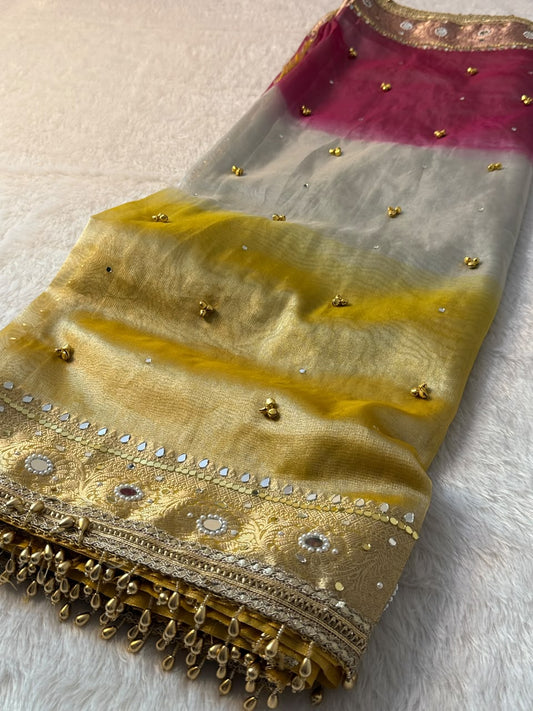 Banarasi Tissue Zari Weaving Border Saree x Ghungroo Handwork x Mirror &amp; Beads Handwork