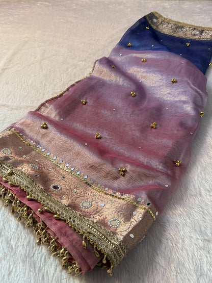 Banarasi Tissue Zari Weaving Border Saree x Ghungroo Handwork x Mirror &amp; Beads Handwork