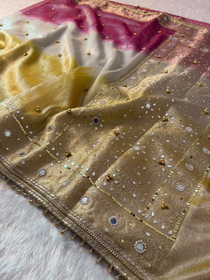Banarasi Tissue Zari Weaving Border Saree x Ghungroo Handwork x Mirror &amp; Beads Handwork