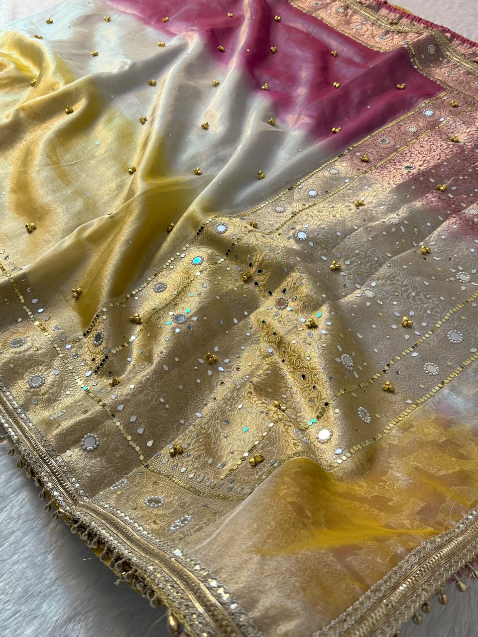 Banarasi Tissue Zari Weaving Border Saree x Ghungroo Handwork x Mirror &amp; Beads Handwork