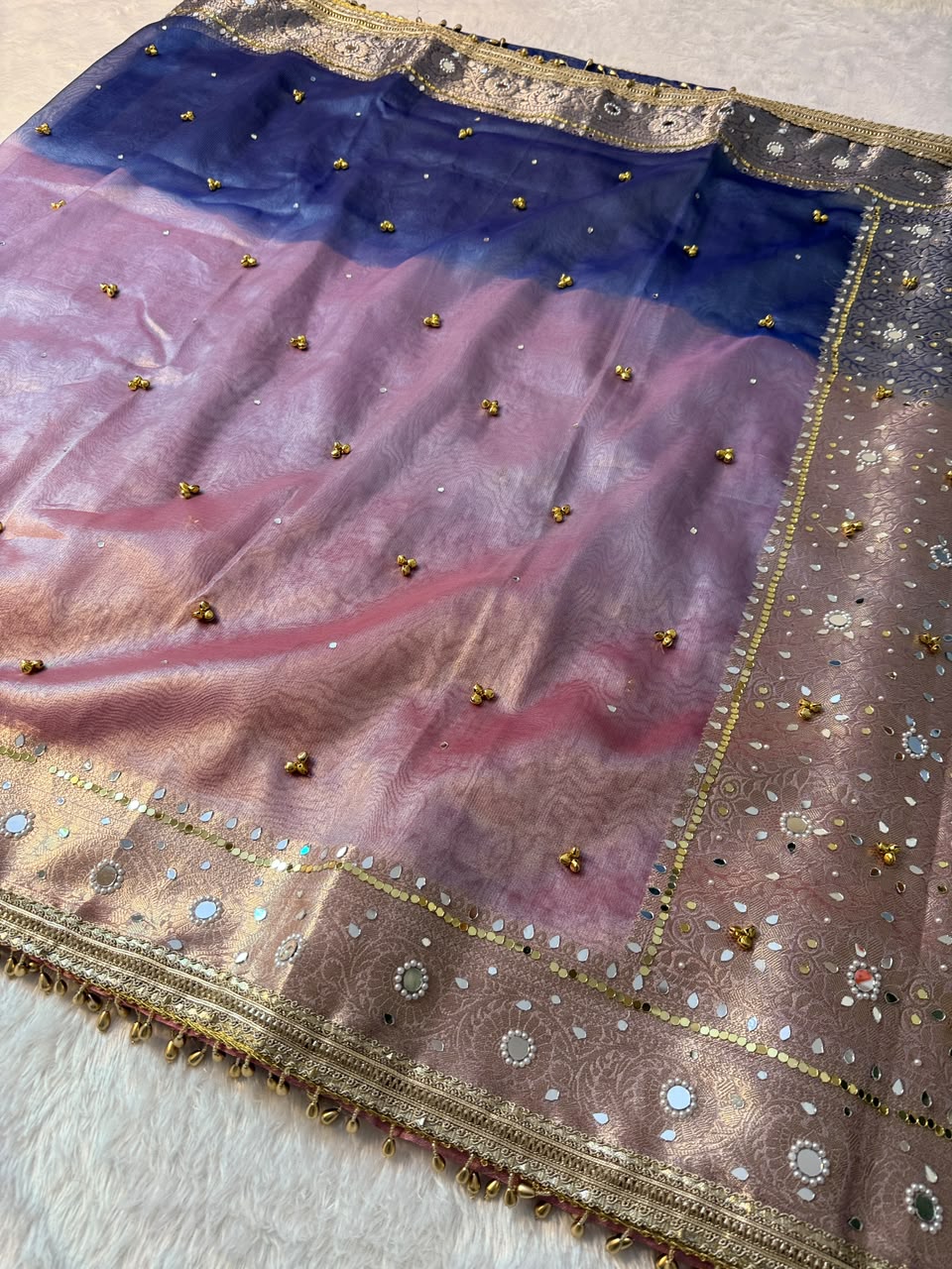 Banarasi Tissue Zari Weaving Border Saree x Ghungroo Handwork x Mirror &amp; Beads Handwork