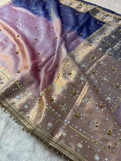 Banarasi Tissue Zari Weaving Border Saree x Ghungroo Handwork x Mirror &amp; Beads Handwork