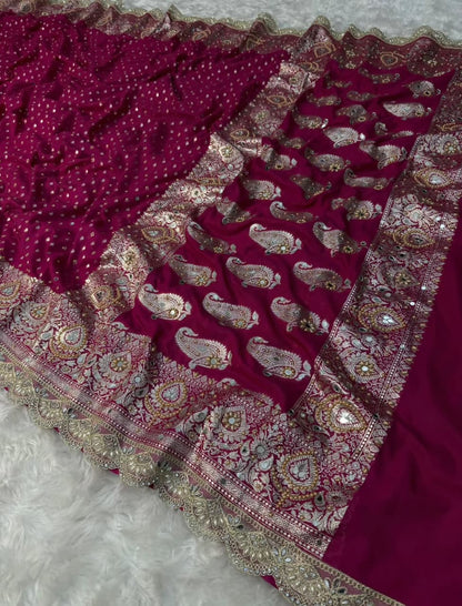 Banarasi Semi khaddi Katan Georgette Soft Silk Saree With lace &amp; &nbsp;Mirror moti work