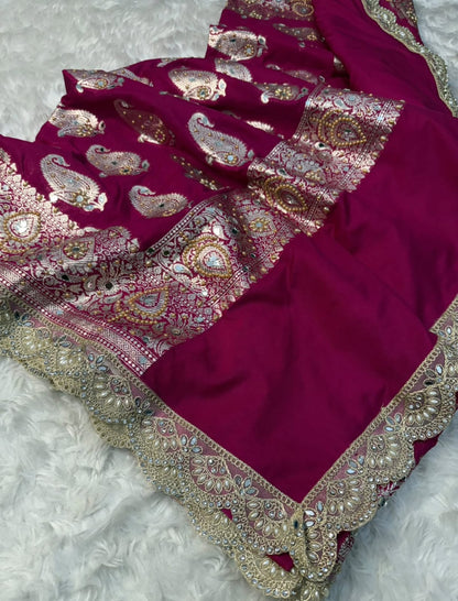 Banarasi Semi khaddi Katan Georgette Soft Silk Saree With lace &amp; &nbsp;Mirror moti work