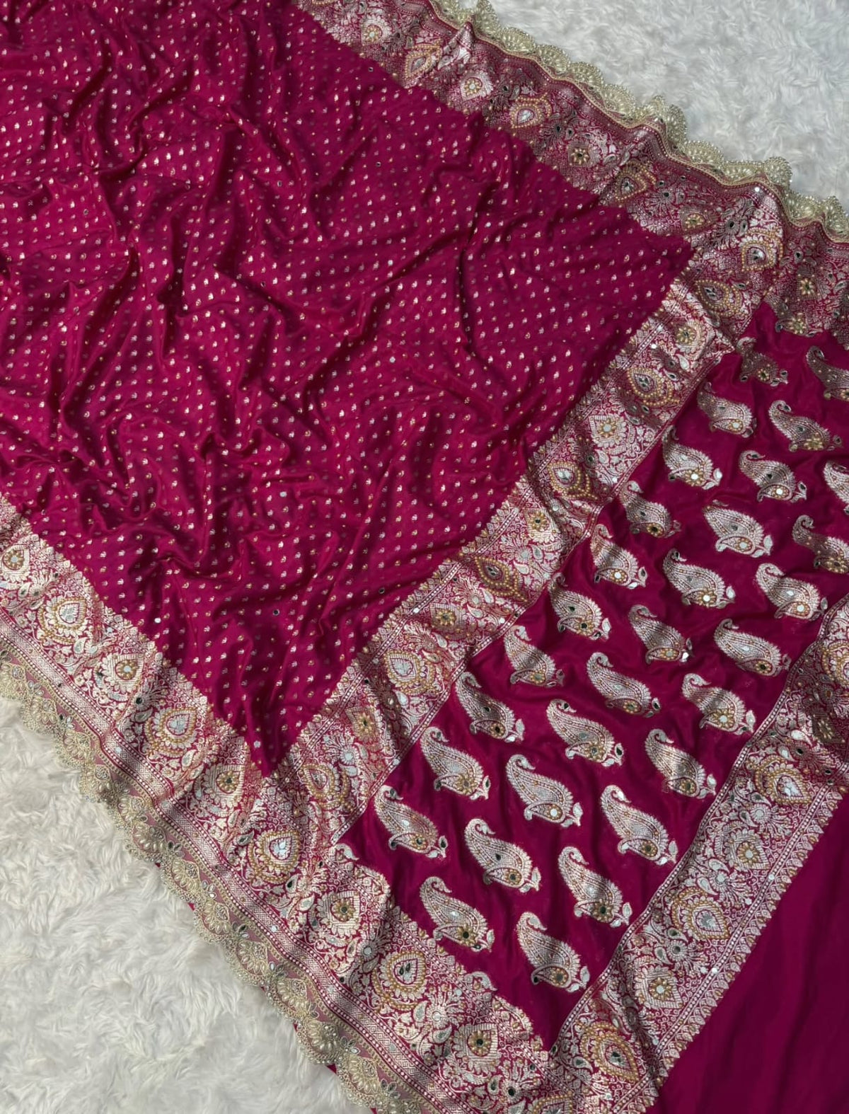 Banarasi Semi khaddi Katan Georgette Soft Silk Saree With lace &amp; &nbsp;Mirror moti work