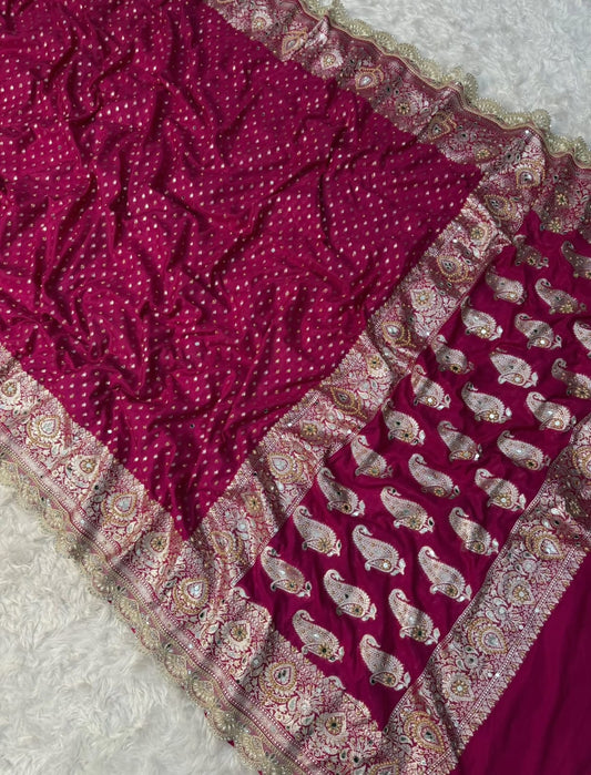 Banarasi Semi khaddi Katan Georgette Soft Silk Saree With lace &amp; &nbsp;Mirror moti work