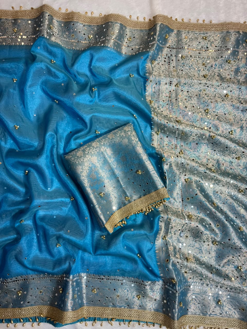 Tissue Silk Ghungroo Work And Mirror Saree