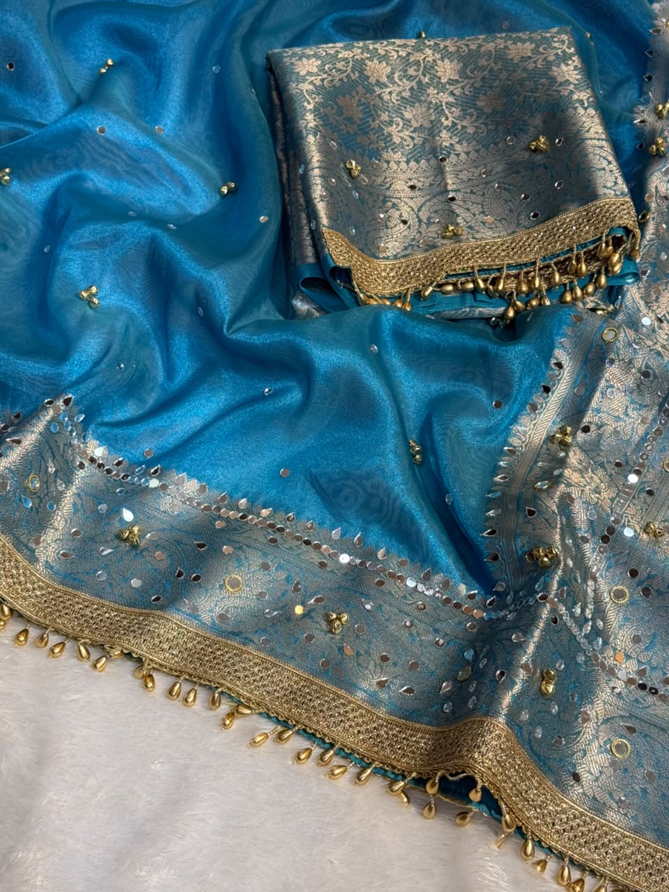 Tissue Silk Ghungroo Work And Mirror Saree
