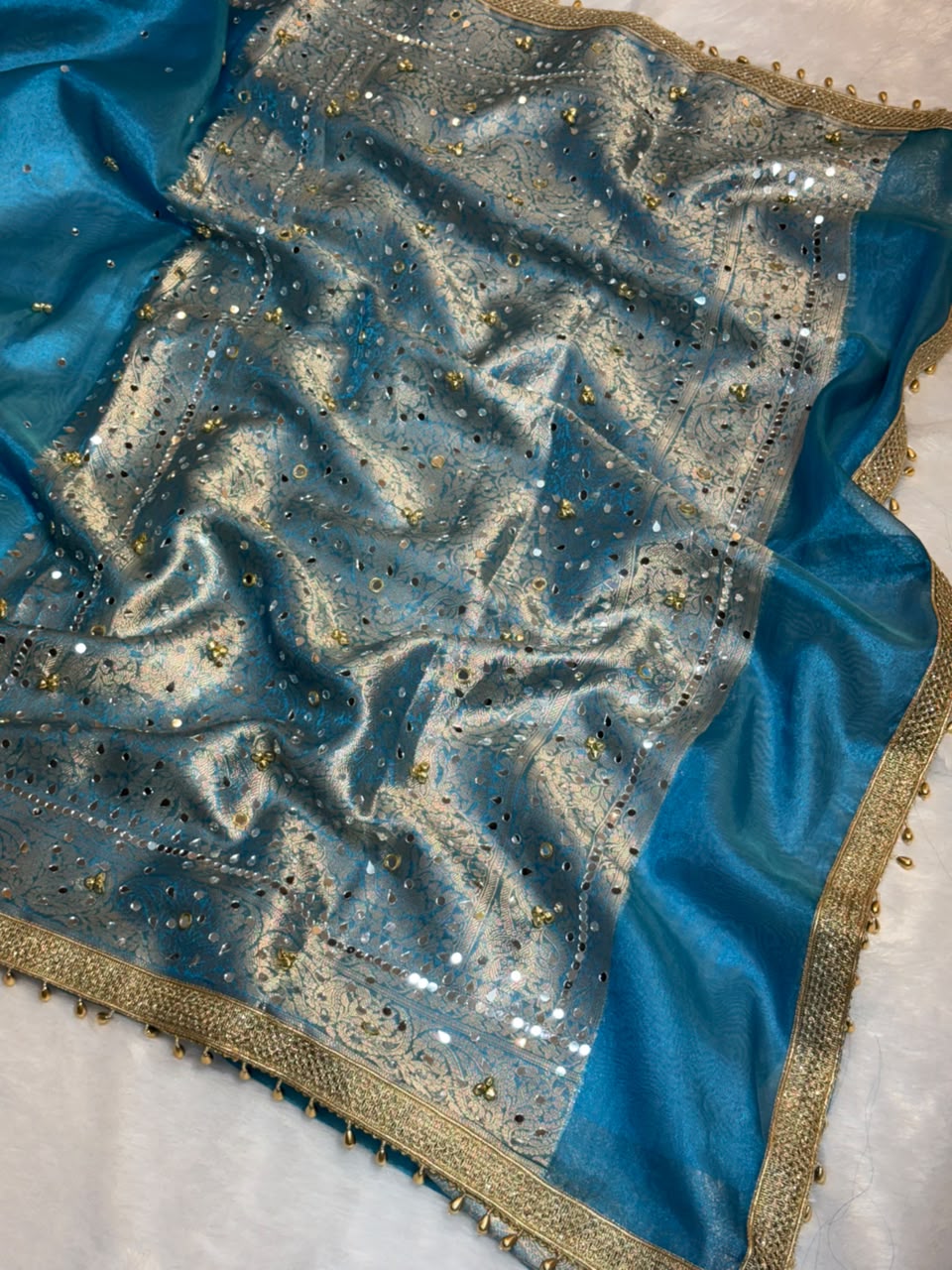 Tissue Silk Ghungroo Work And Mirror Saree