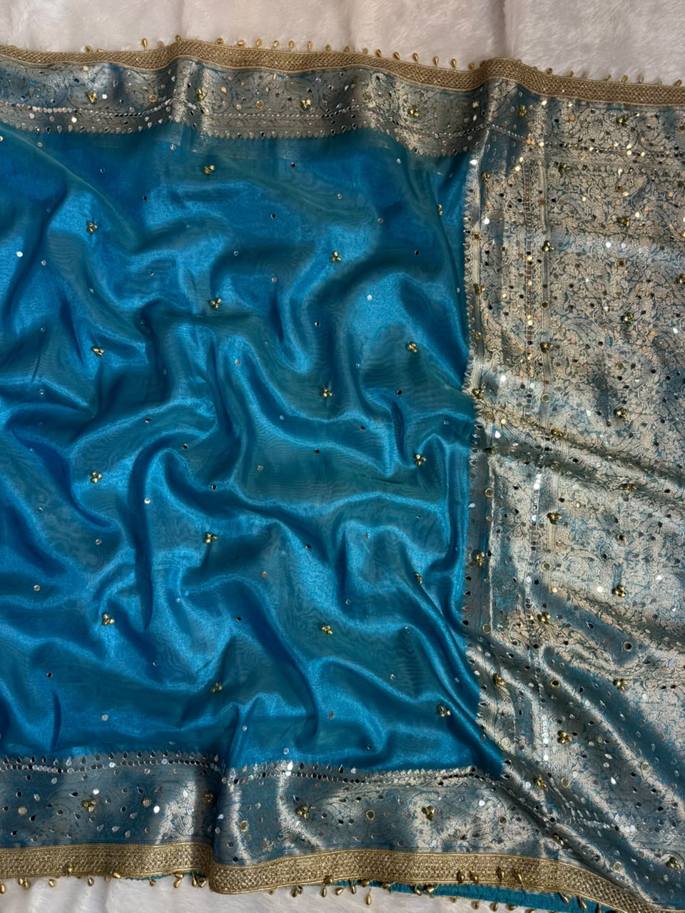 Tissue Silk Ghungroo Work And Mirror Saree