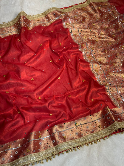 Tissue Silk Ghungroo Work And Mirror Saree