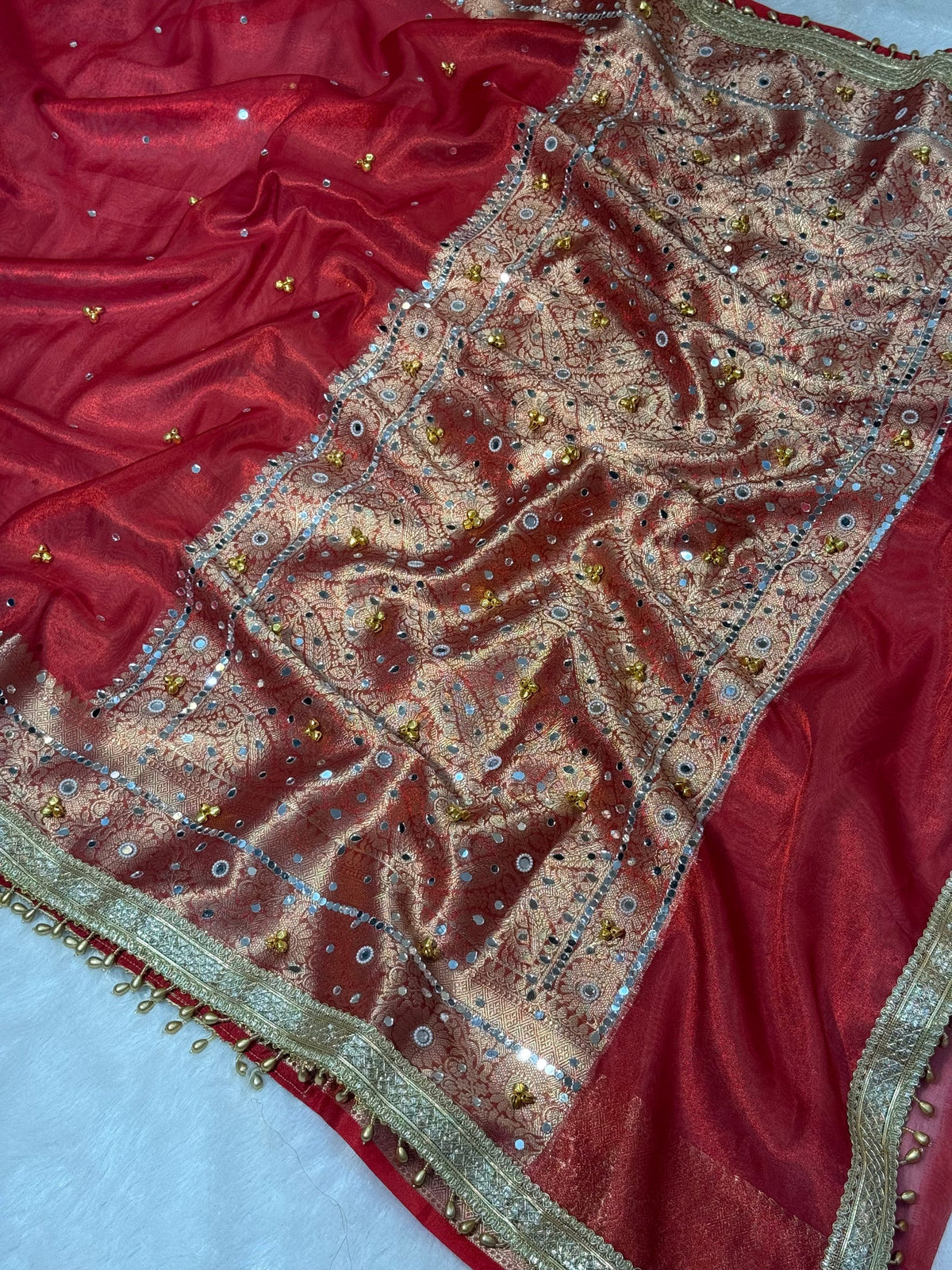 Tissue Silk Ghungroo Work And Mirror Saree