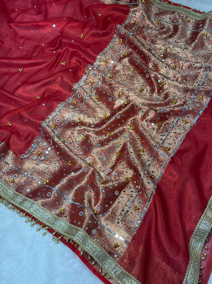 Tissue Silk Ghungroo Work And Mirror Saree