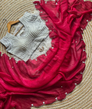 Crush Slik Sari With Stiched Blouse Fully Handwork Include Pearl