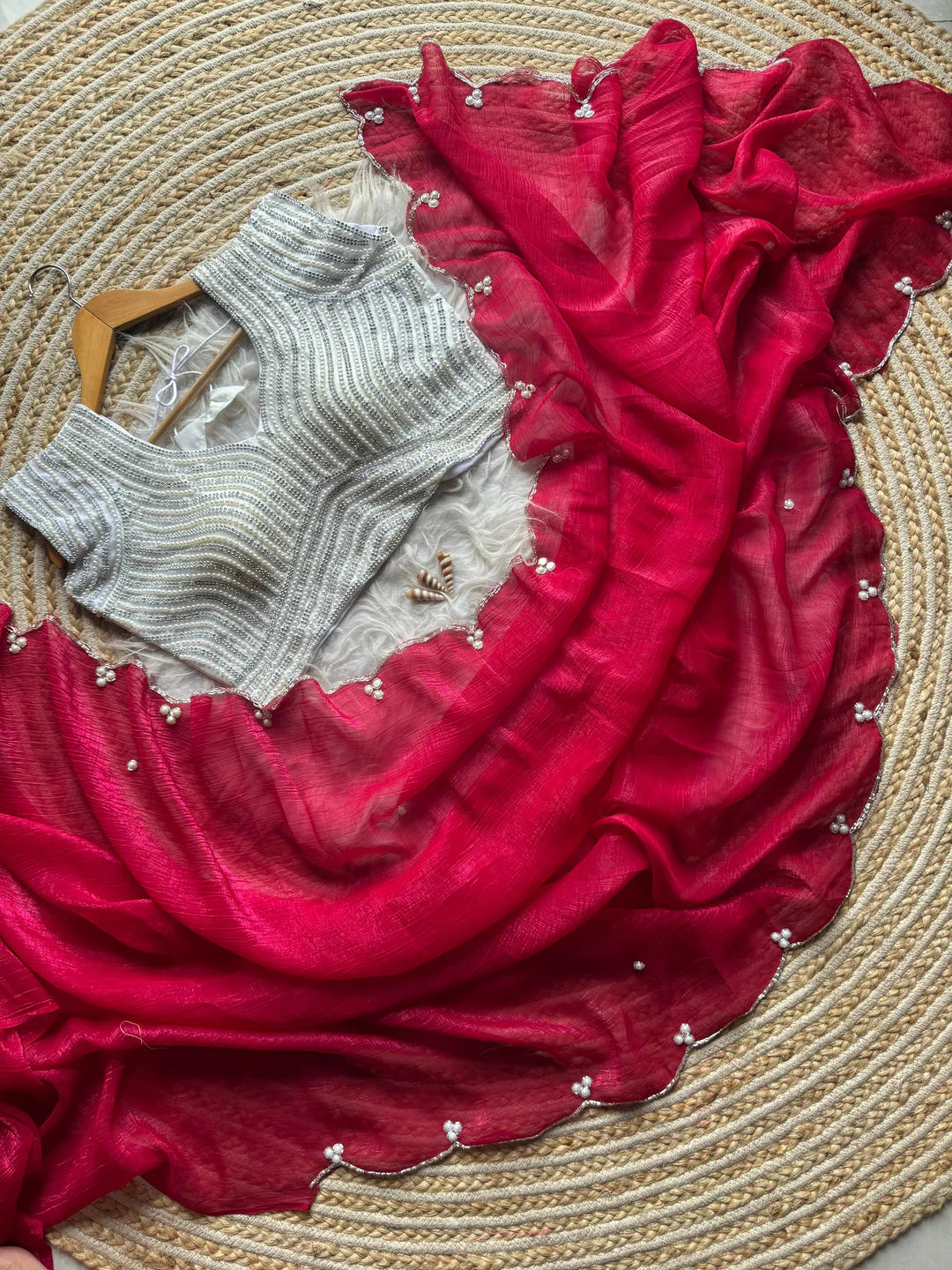 Crush Slik Sari With Stiched Blouse Fully Handwork Include Pearl