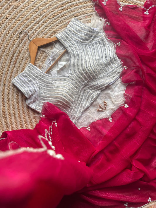 Crush Slik Sari With Stiched Blouse Fully Handwork Include Pearl