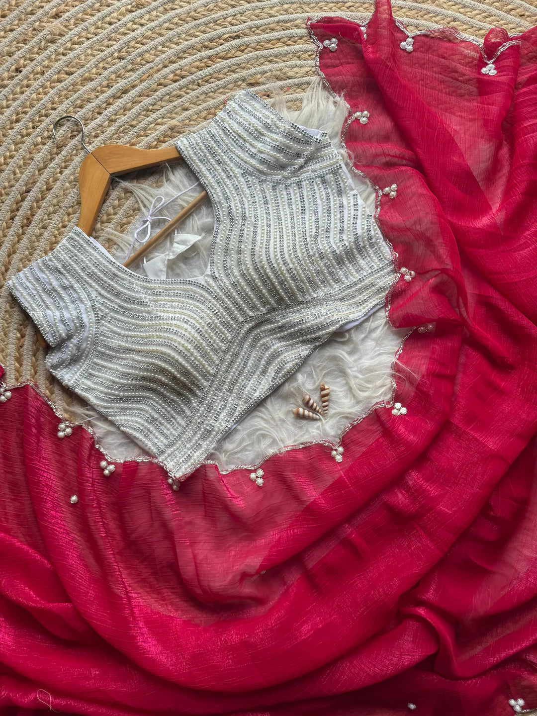 Crush Slik Sari With Stiched Blouse Fully Handwork Include Pearl