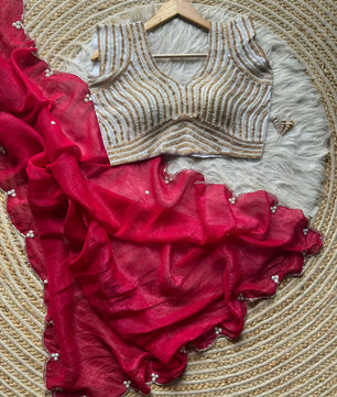 Crush Slik Sari With Stiched Blouse Fully Handwork Include Pearl