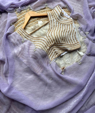 Crush Slik Sari With Stiched Blouse Fully Handwork Include Pearl