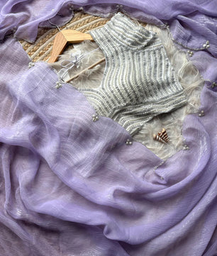 Crush Slik Sari With Stiched Blouse Fully Handwork Include Pearl