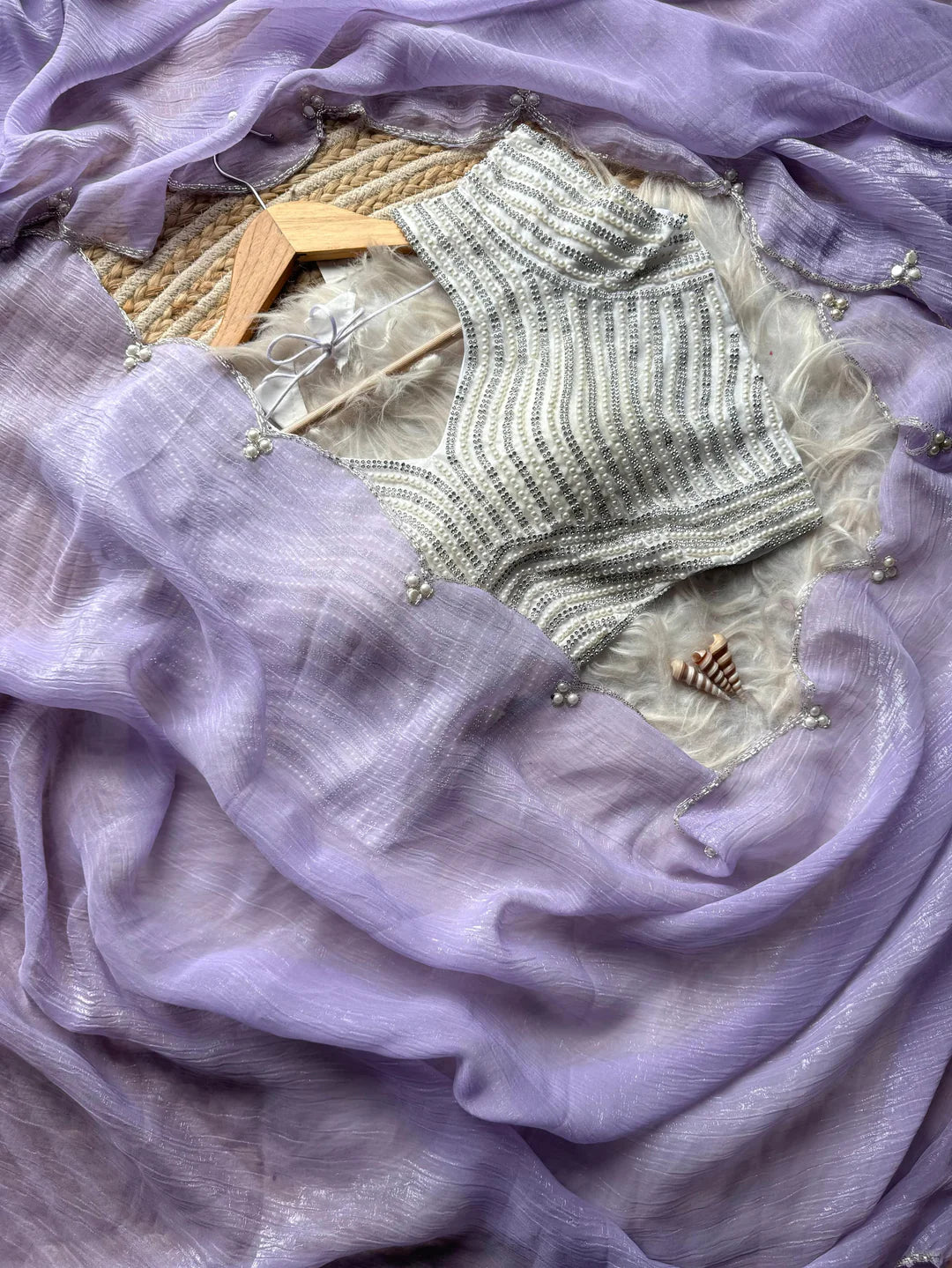 Crush Slik Sari With Stiched Blouse Fully Handwork Include Pearl