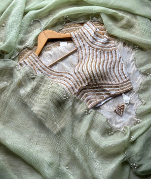 Crush Slik Sari With Stiched Blouse Fully Handwork Include Pearl