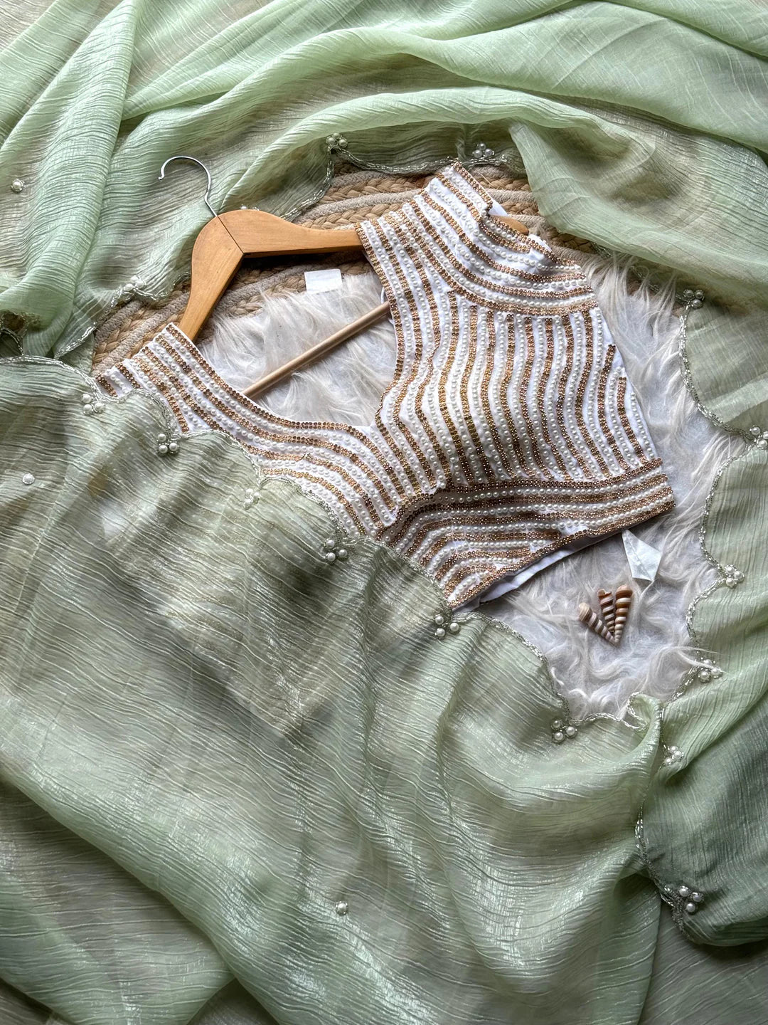 Crush Slik Sari With Stiched Blouse Fully Handwork Include Pearl