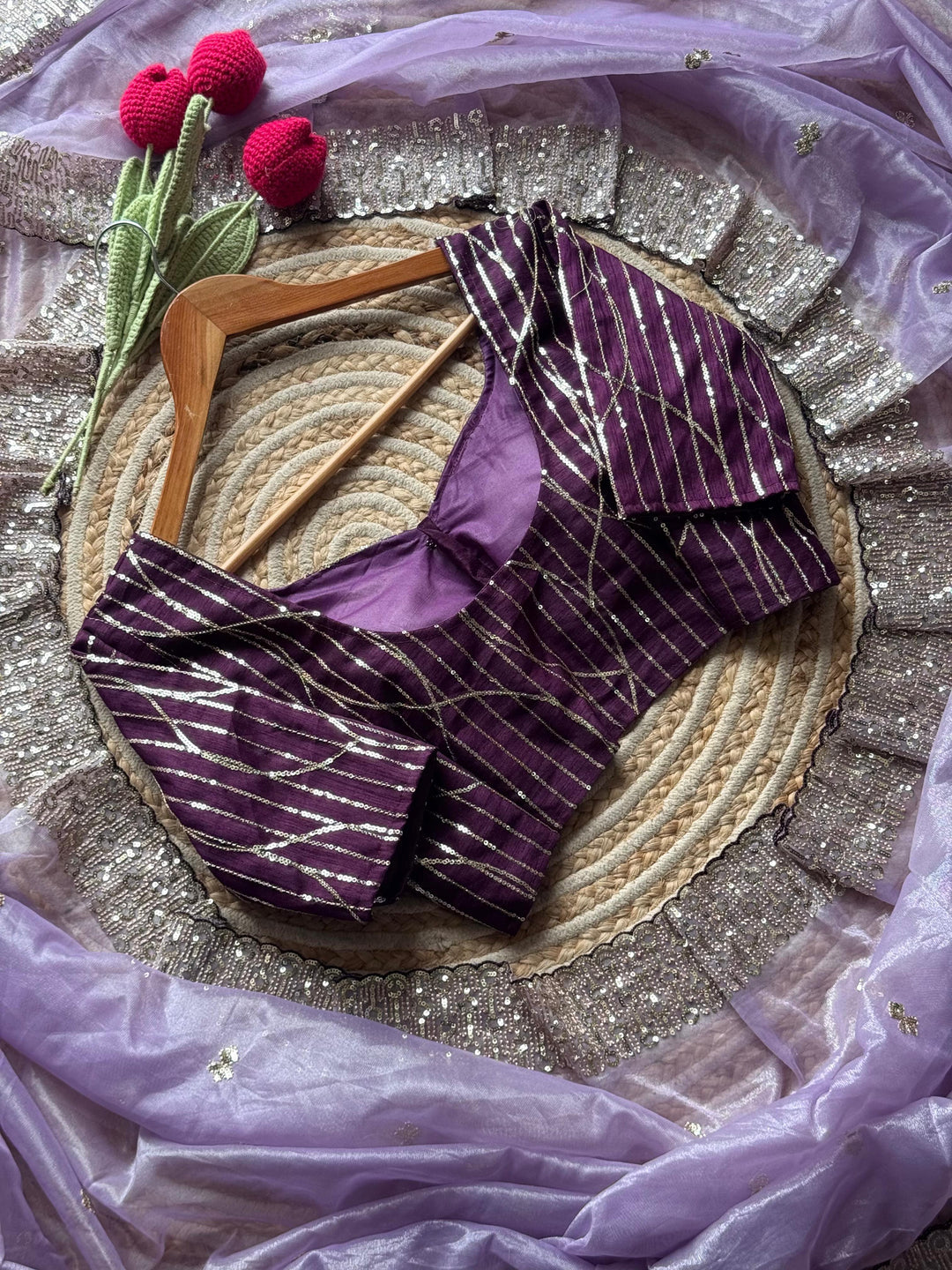 Tissue Silk Sari In Light Peach With Stiched Blouse