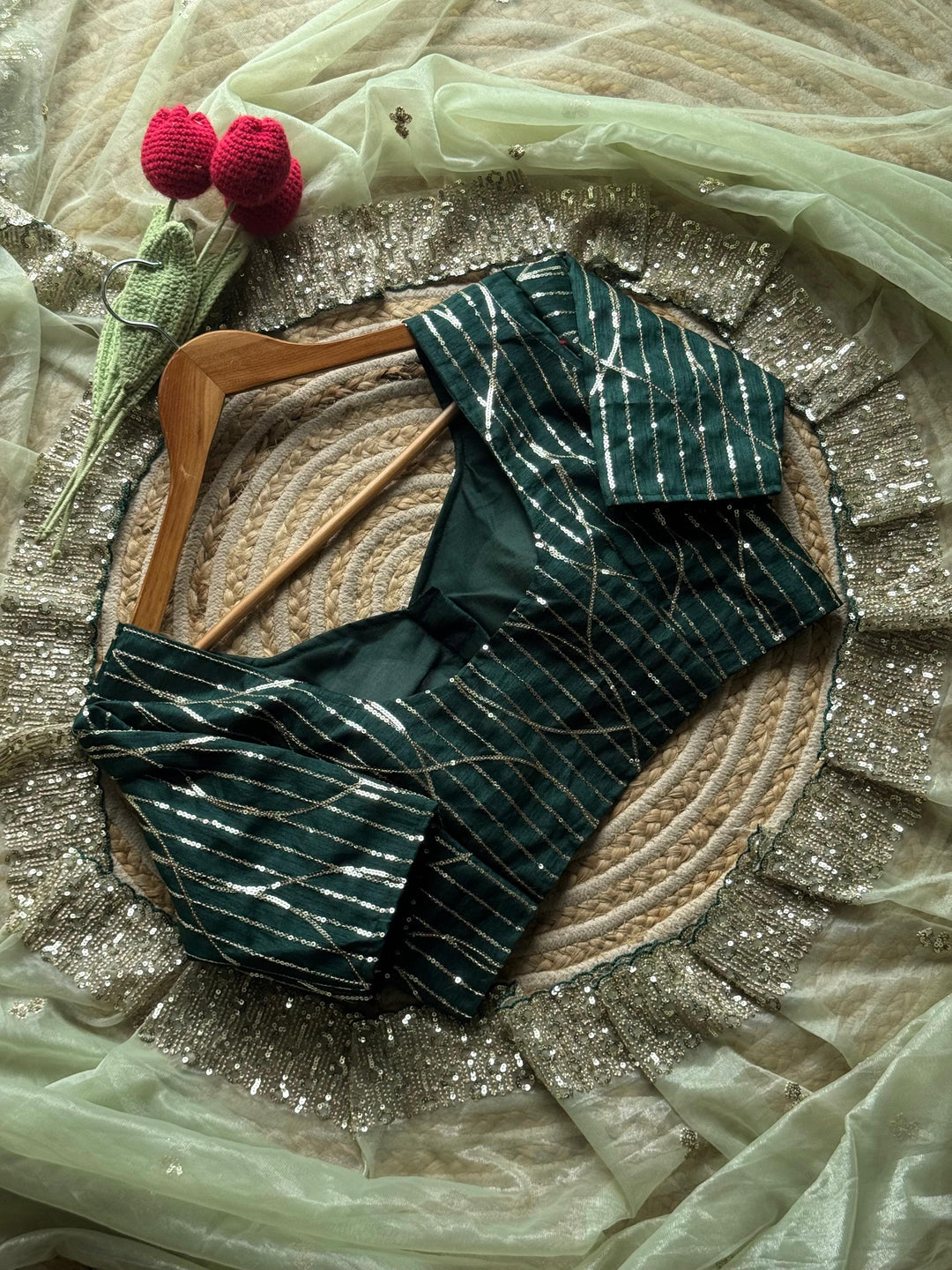 Tissue Silk Sari In Light Peach With Stiched Blouse